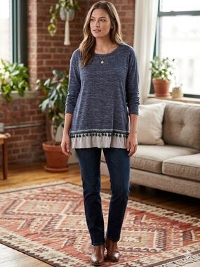 Orange Creek Boho Pom Pom Trim Layered High Low Sweater Top Blue Gray size L